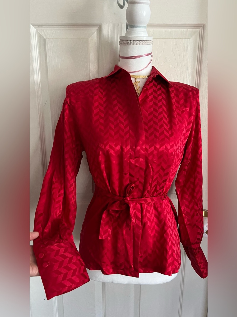 Vintage satin red chevron tie waist top